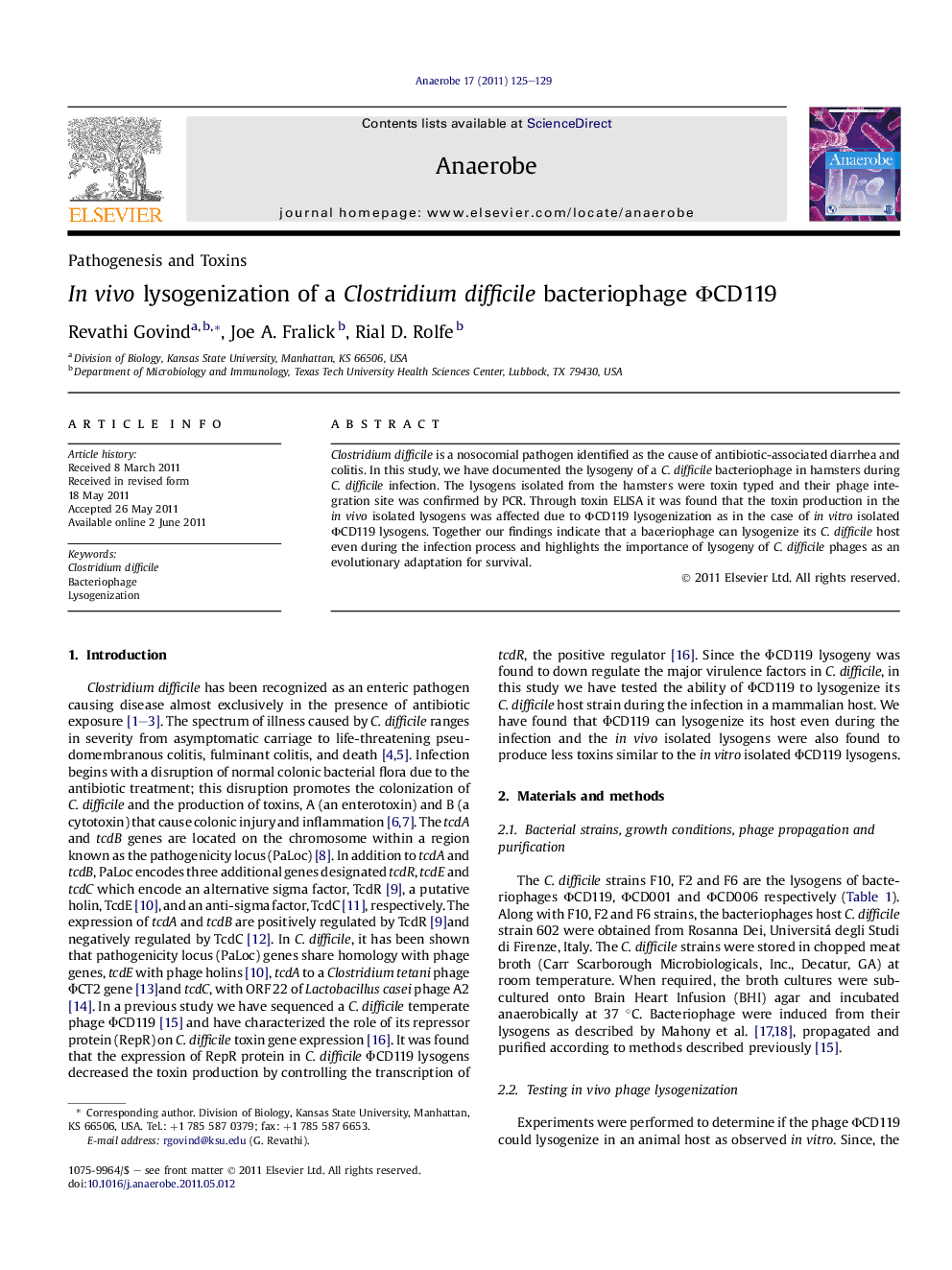 In vivo lysogenization of a Clostridium difficile bacteriophage ФCD119