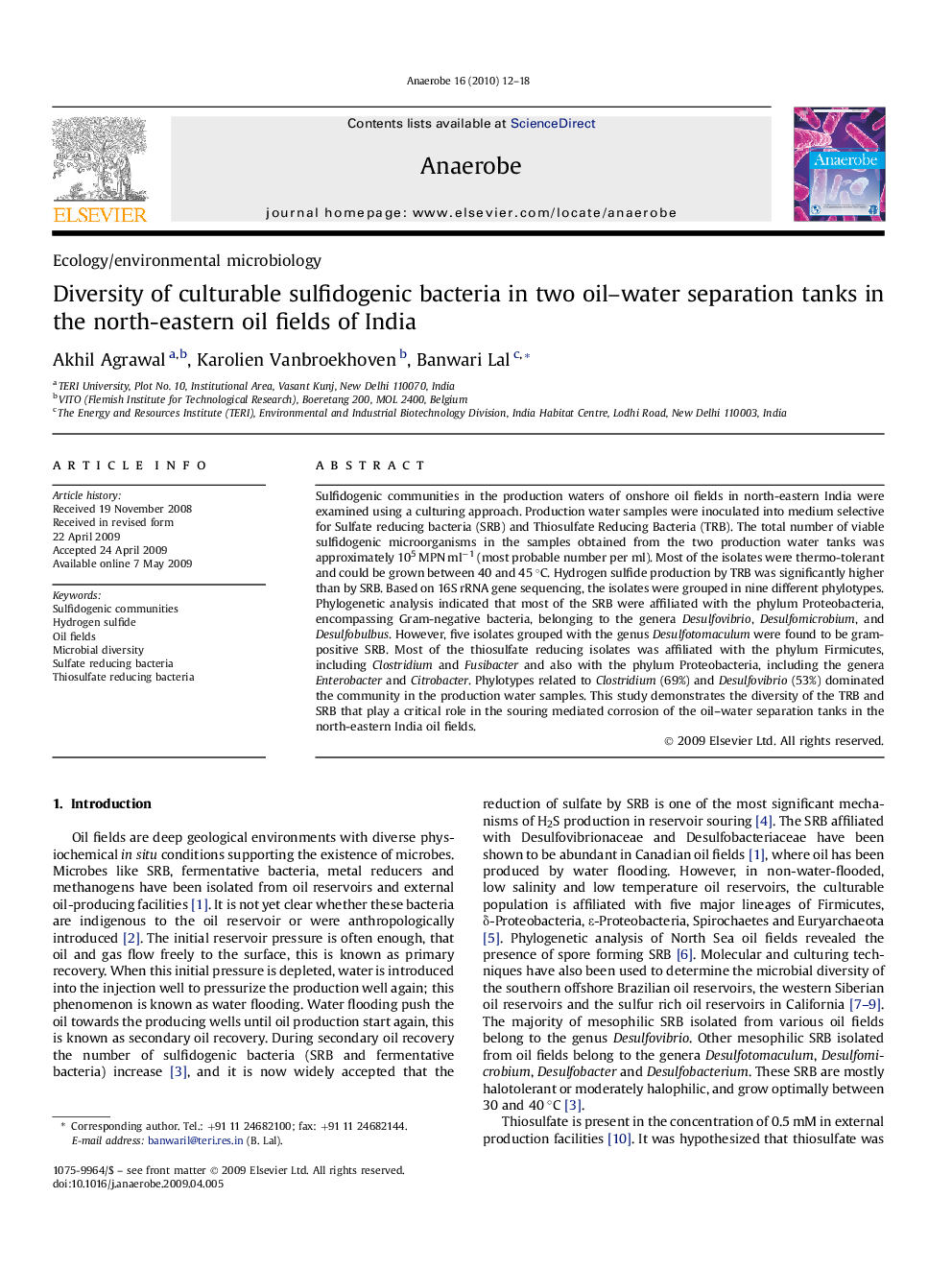 Diversity of culturable sulfidogenic bacteria in two oil–water separation tanks in the north-eastern oil fields of India