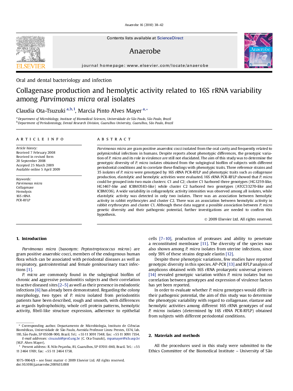 Collagenase production and hemolytic activity related to 16S rRNA variability among Parvimonas micra oral isolates