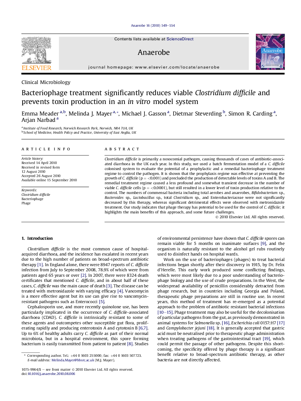 Bacteriophage treatment significantly reduces viable Clostridium difficile and prevents toxin production in an in vitro model system