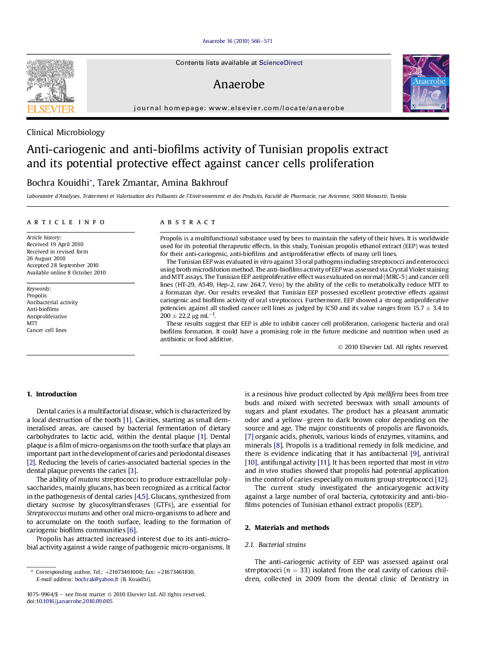 Anti-cariogenic and anti-biofilms activity of Tunisian propolis extract and its potential protective effect against cancer cells proliferation