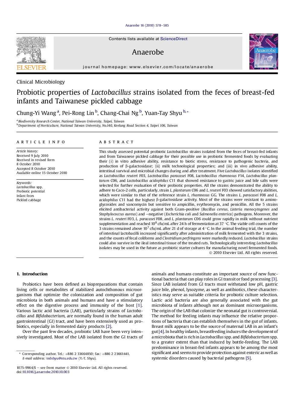 Probiotic properties of Lactobacillus strains isolated from the feces of breast-fed infants and Taiwanese pickled cabbage