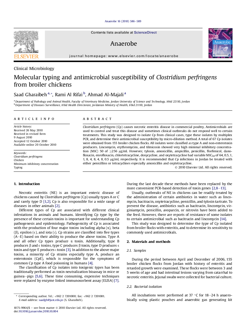 Molecular typing and antimicrobial susceptibility of Clostridium perfringens from broiler chickens