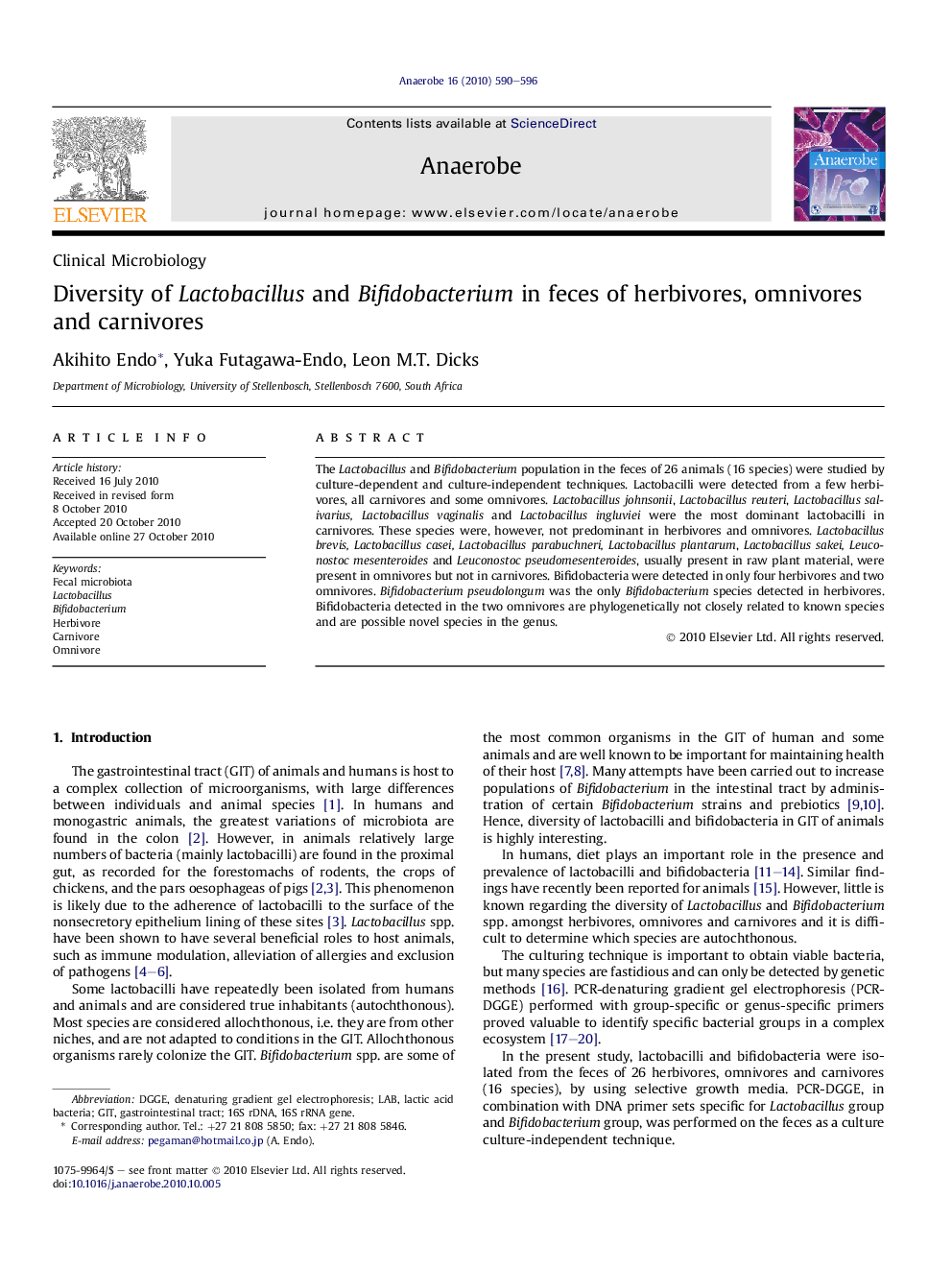 Diversity of Lactobacillus and Bifidobacterium in feces of herbivores, omnivores and carnivores