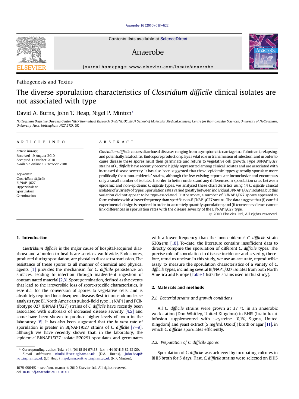 The diverse sporulation characteristics of Clostridium difficile clinical isolates are not associated with type