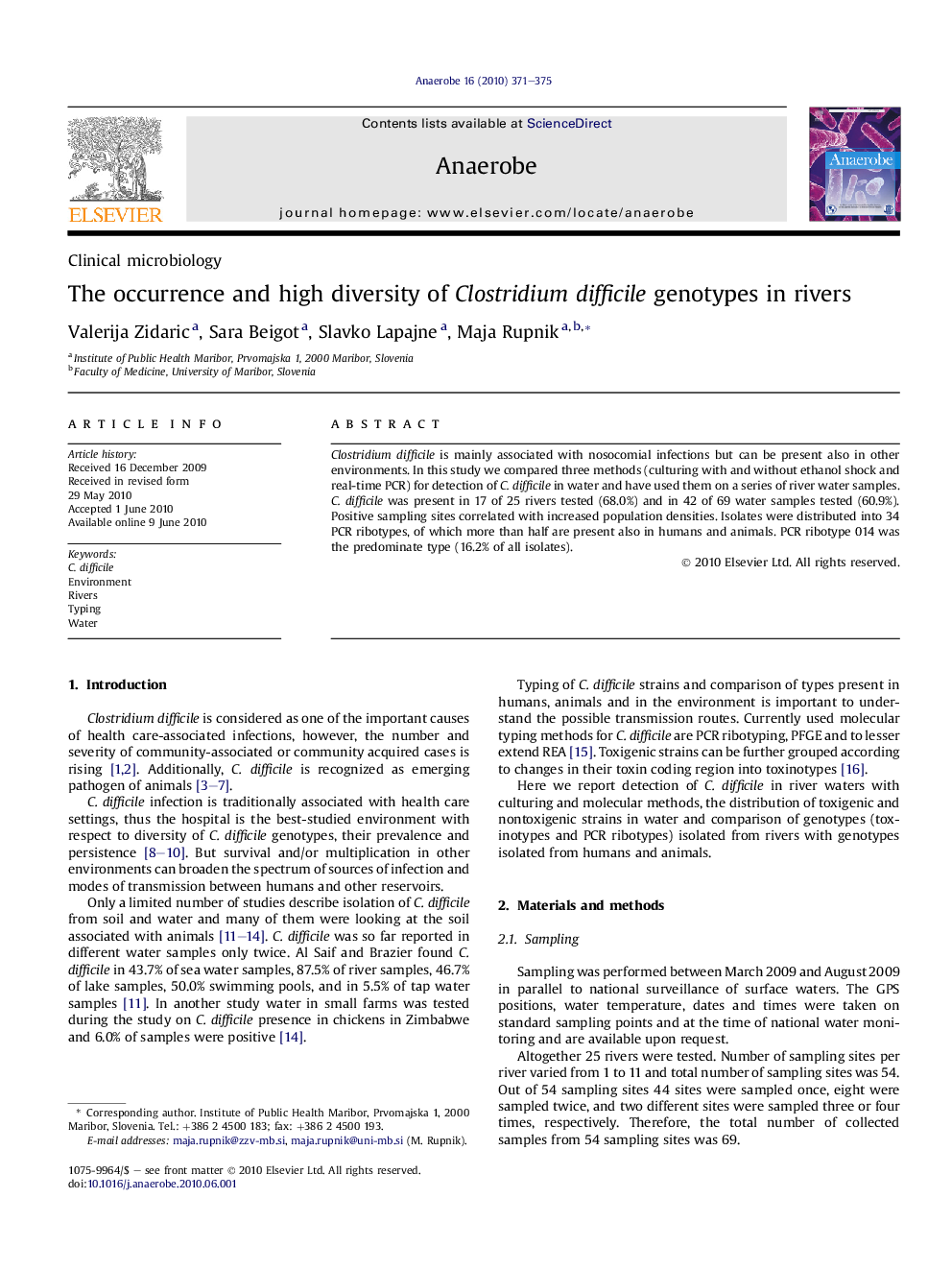 The occurrence and high diversity of Clostridium difficile genotypes in rivers