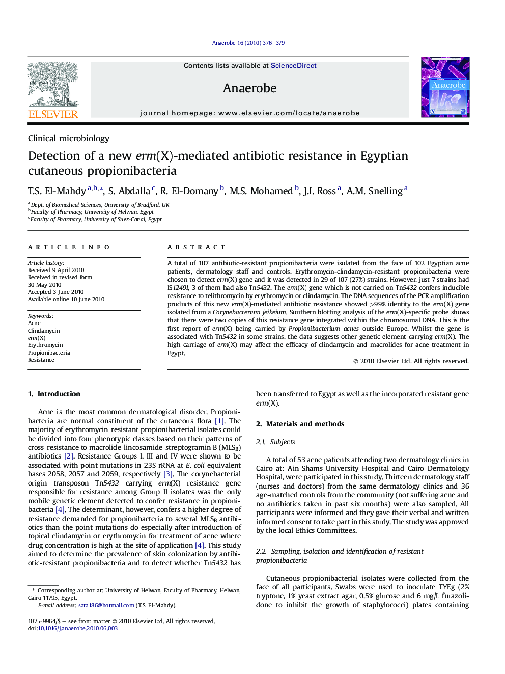 Detection of a new erm(X)-mediated antibiotic resistance in Egyptian cutaneous propionibacteria