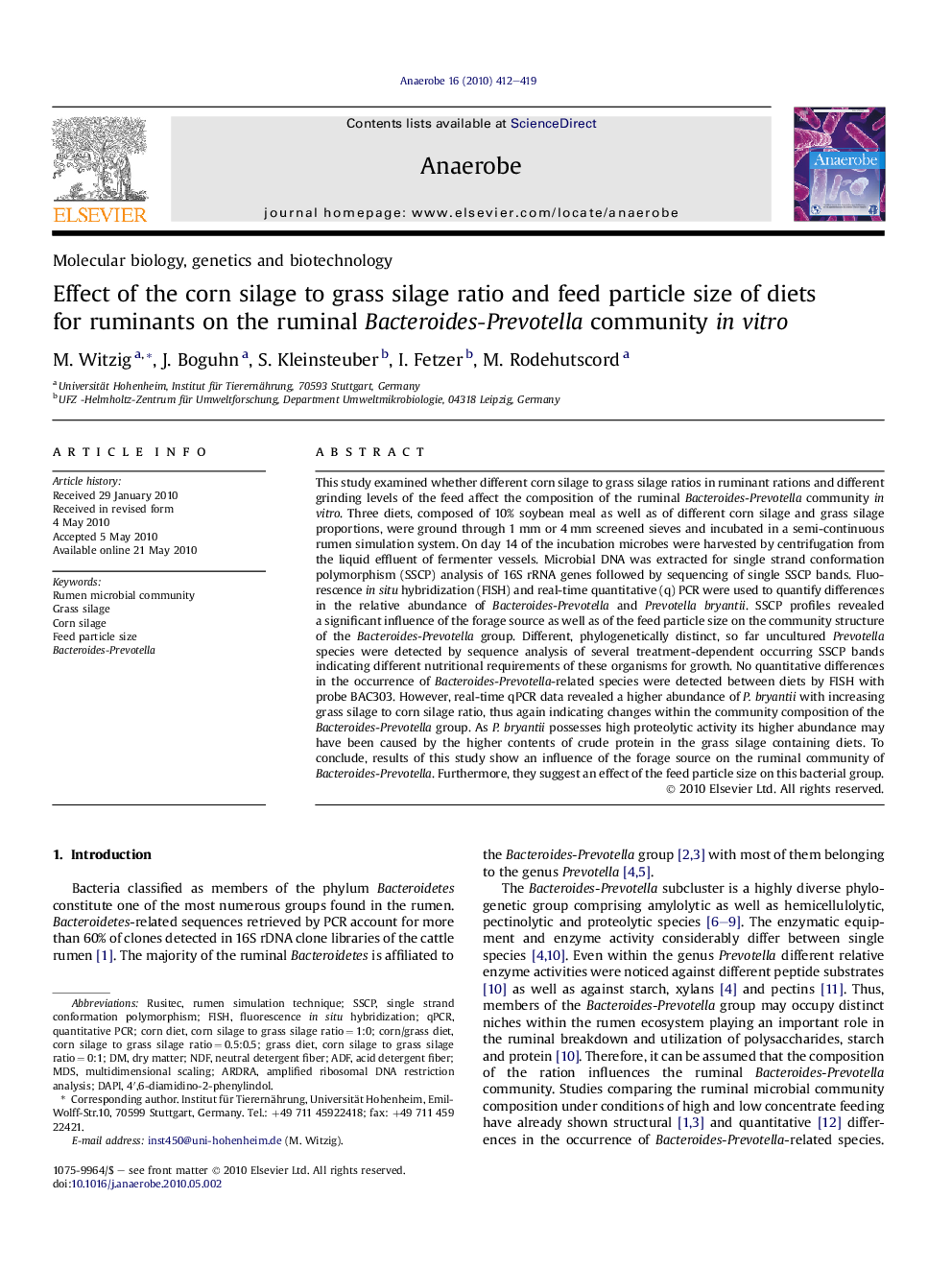 Effect of the corn silage to grass silage ratio and feed particle size of diets for ruminants on the ruminal Bacteroides-Prevotella community in vitro