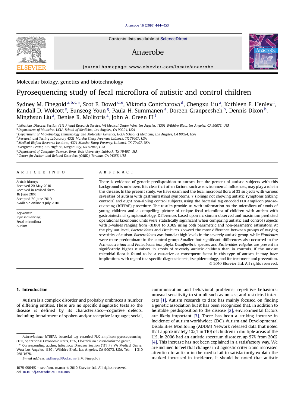 Pyrosequencing study of fecal microflora of autistic and control children