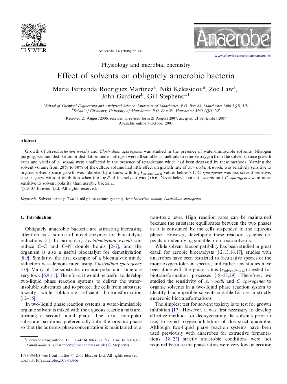 Effect of solvents on obligately anaerobic bacteria