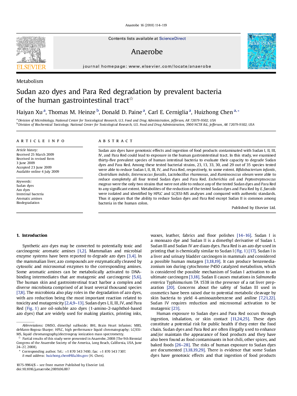 Sudan azo dyes and Para Red degradation by prevalent bacteria of the human gastrointestinal tract 