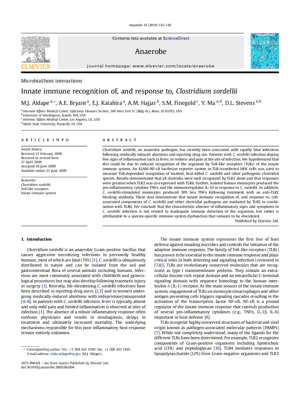 Innate immune recognition of, and response to, Clostridium sordellii