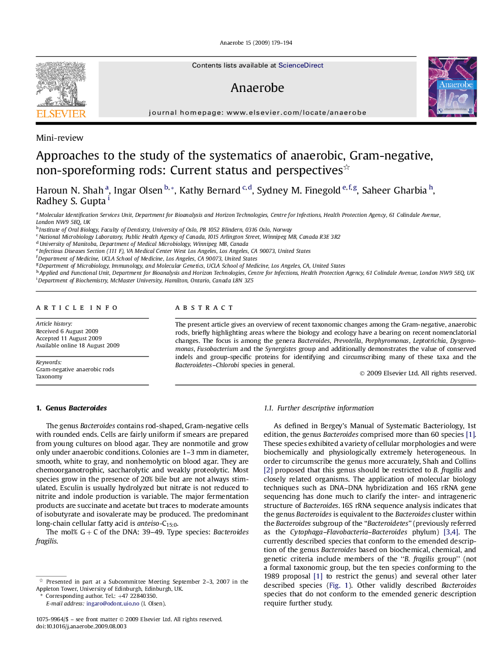 Approaches to the study of the systematics of anaerobic, Gram-negative, non-sporeforming rods: Current status and perspectives 