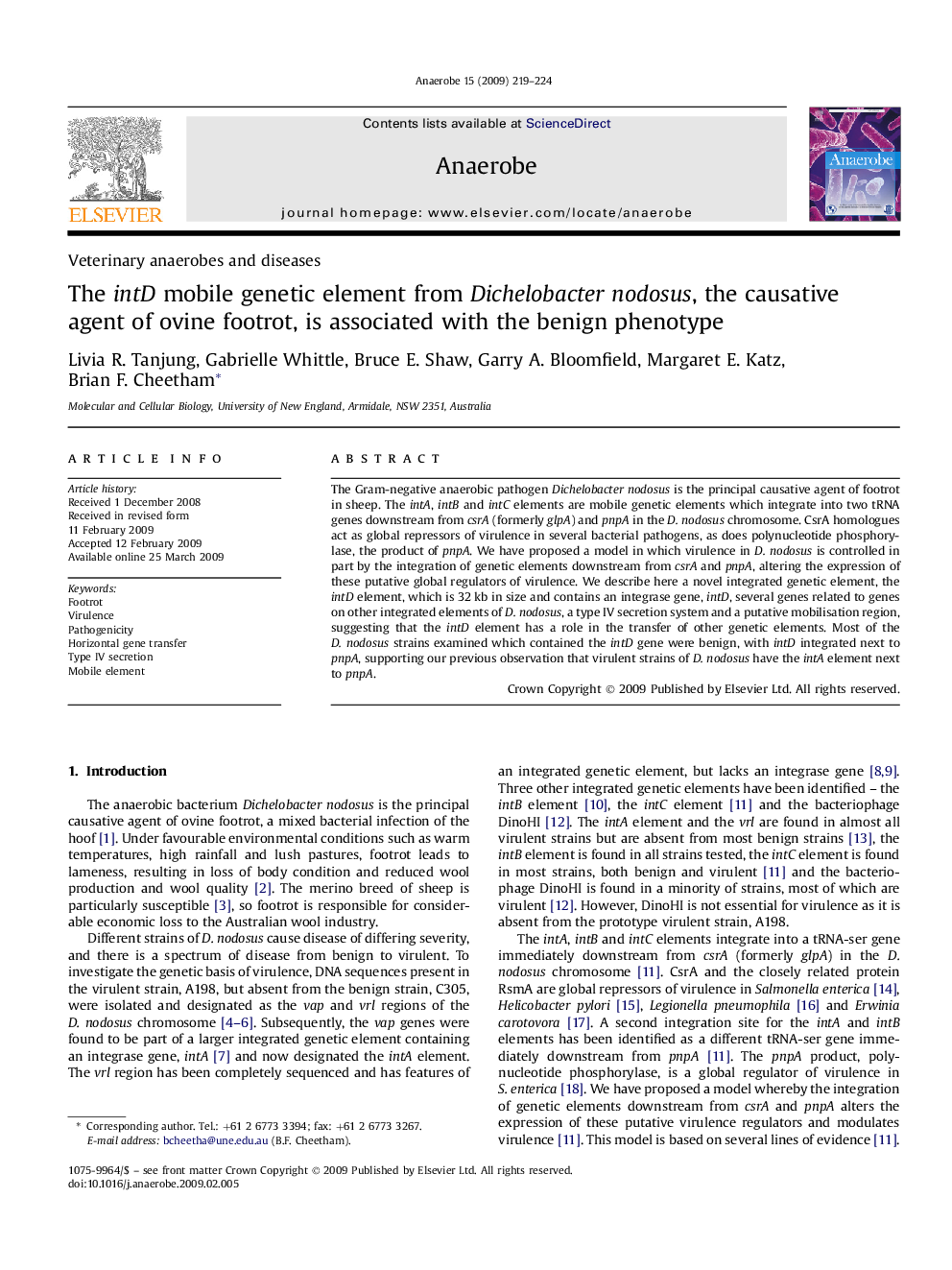 The intD mobile genetic element from Dichelobacter nodosus, the causative agent of ovine footrot, is associated with the benign phenotype