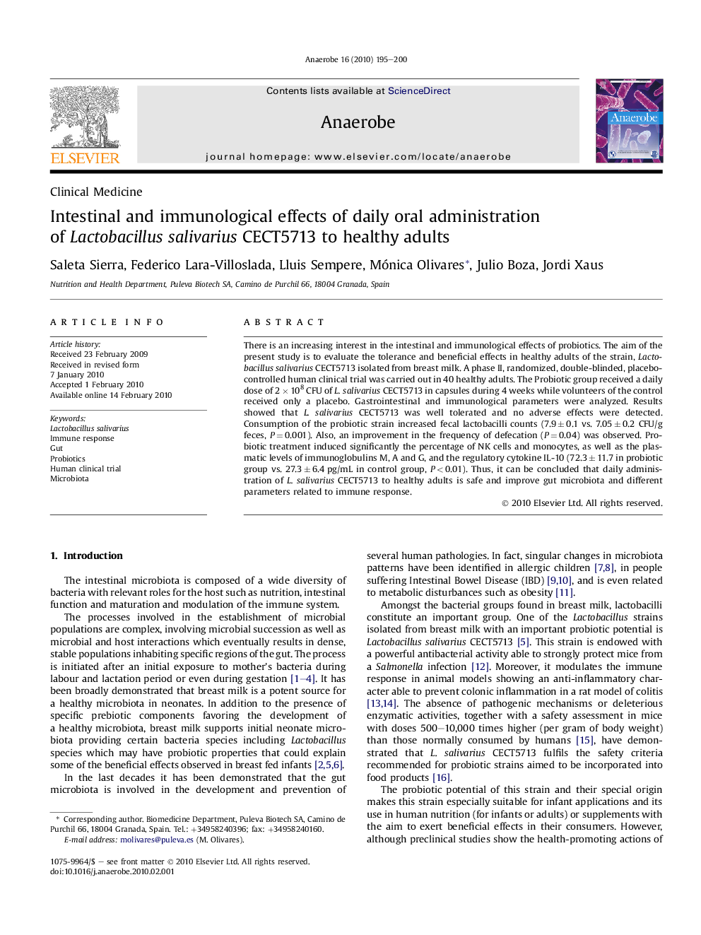 Intestinal and immunological effects of daily oral administration of Lactobacillus salivarius CECT5713 to healthy adults