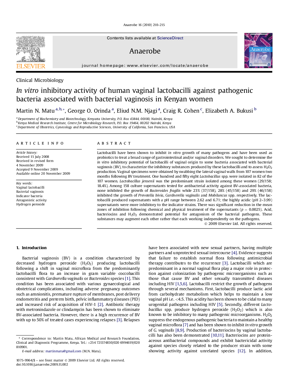 In vitro inhibitory activity of human vaginal lactobacilli against pathogenic bacteria associated with bacterial vaginosis in Kenyan women