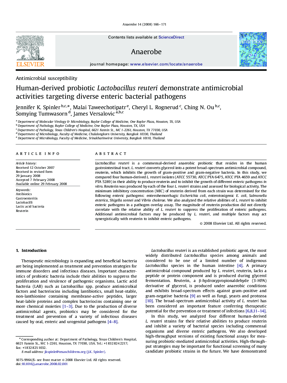 Human-derived probiotic Lactobacillus reuteri demonstrate antimicrobial activities targeting diverse enteric bacterial pathogens