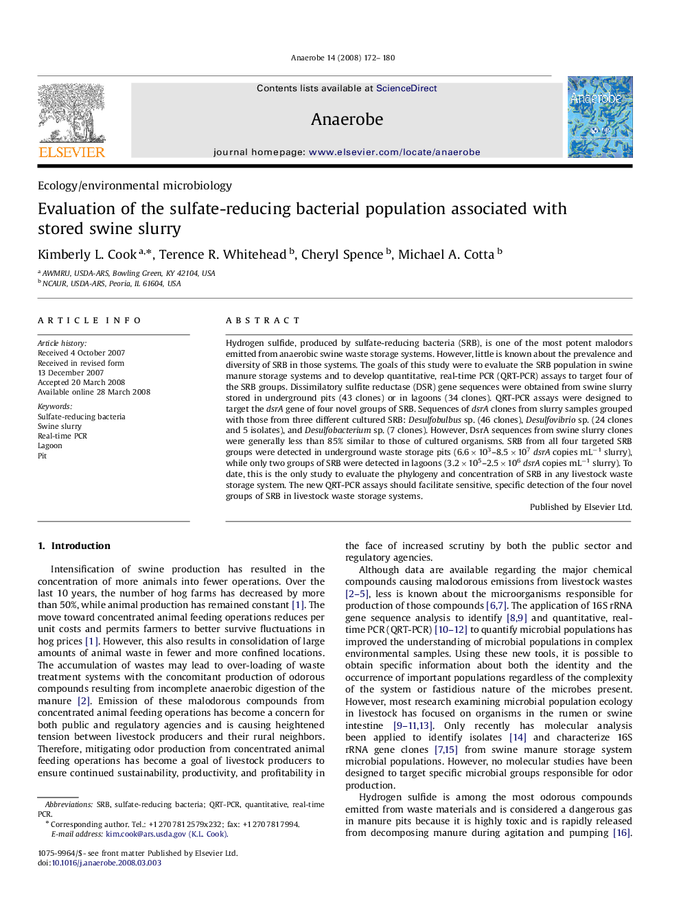 Evaluation of the sulfate-reducing bacterial population associated with stored swine slurry