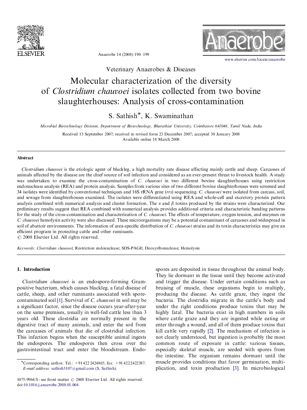 Molecular characterization of the diversity of Clostridium chauvoei isolates collected from two bovine slaughterhouses: Analysis of cross-contamination