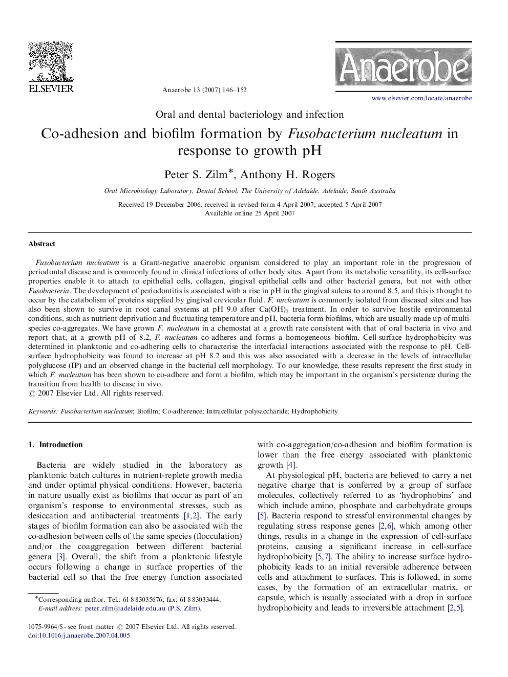 Co-adhesion and biofilm formation by Fusobacterium nucleatum in response to growth pH