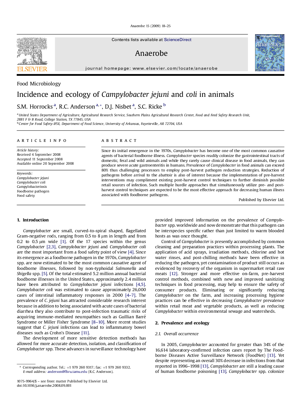 Incidence and ecology of Campylobacter jejuni and coli in animals