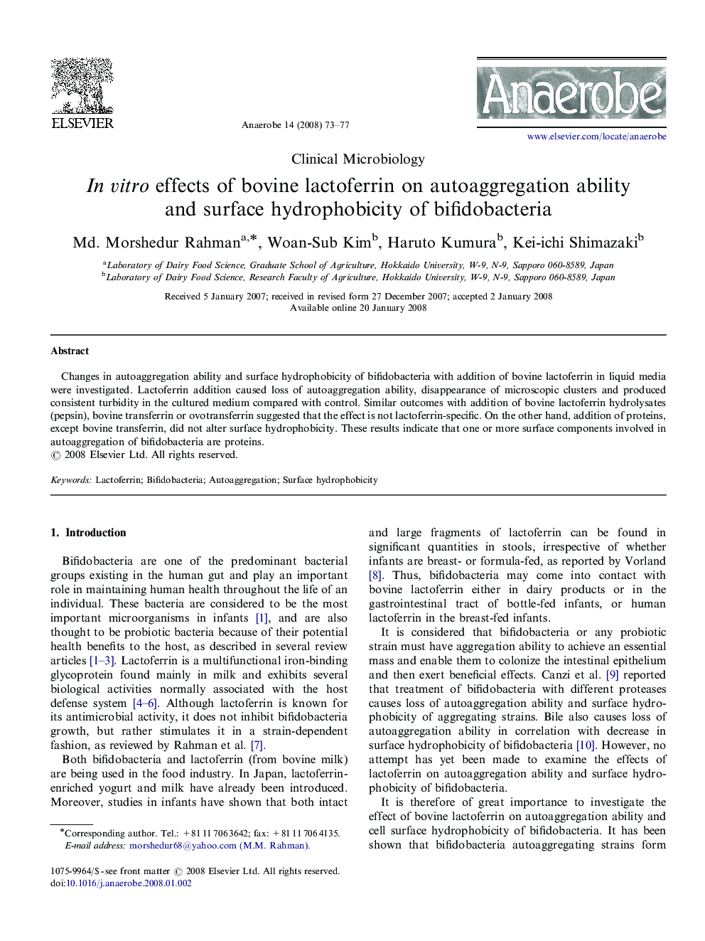 In vitro effects of bovine lactoferrin on autoaggregation ability and surface hydrophobicity of bifidobacteria