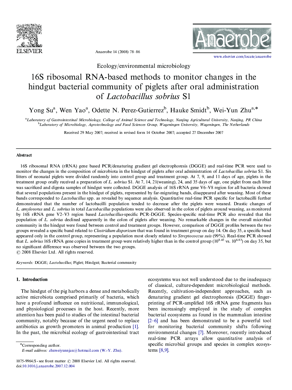 16S ribosomal RNA-based methods to monitor changes in the hindgut bacterial community of piglets after oral administration of Lactobacillus sobrius S1