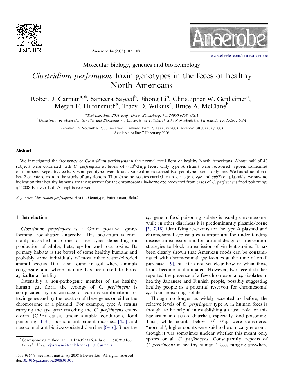 Clostridium perfringens toxin genotypes in the feces of healthy North Americans