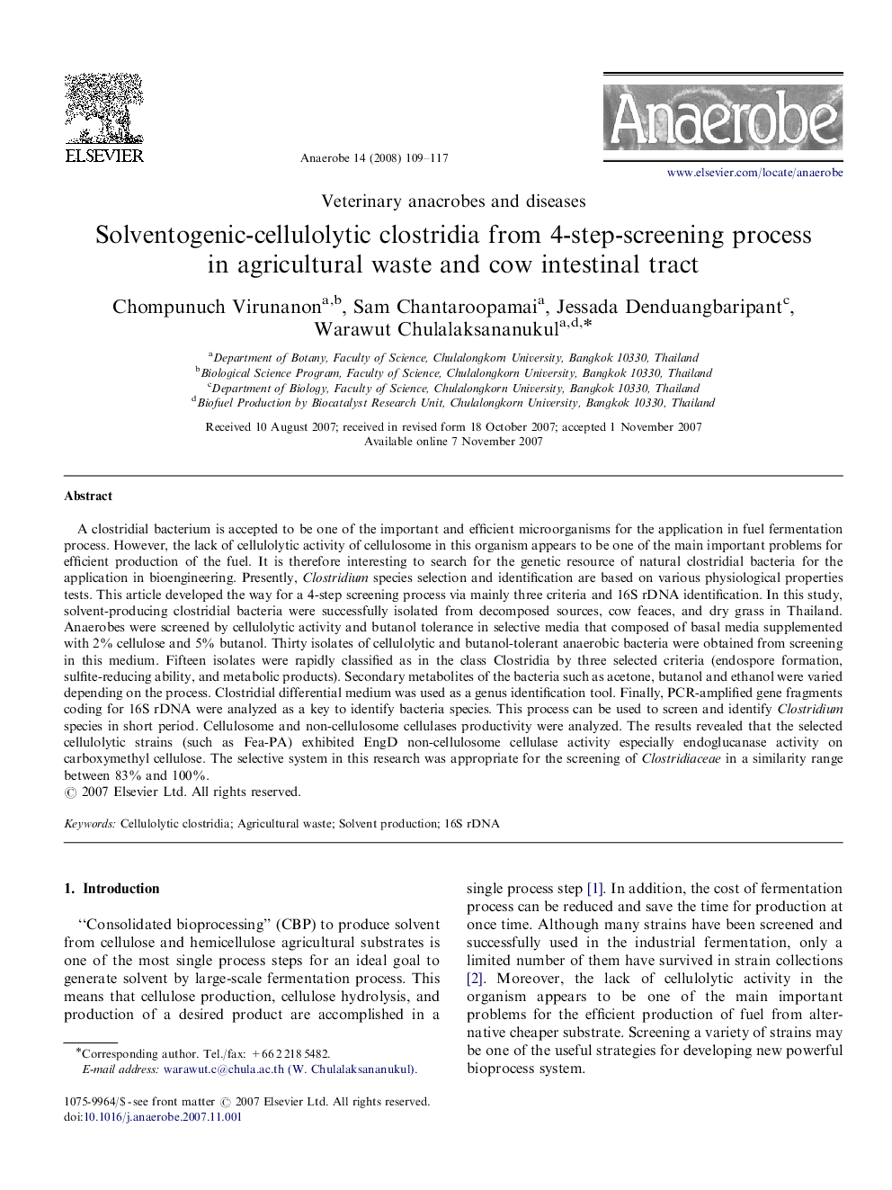 Solventogenic-cellulolytic clostridia from 4-step-screening process in agricultural waste and cow intestinal tract