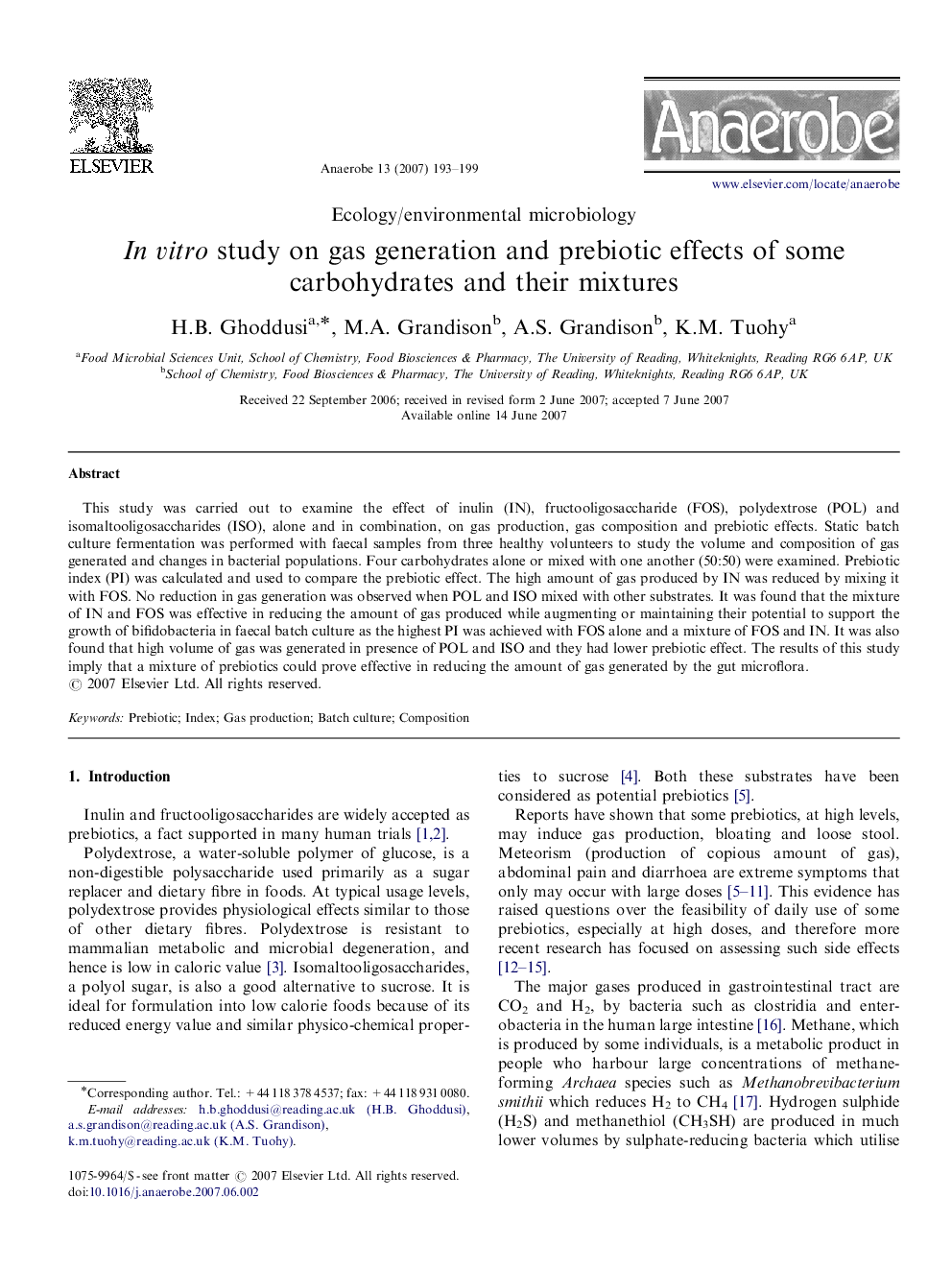 In vitro study on gas generation and prebiotic effects of some carbohydrates and their mixtures