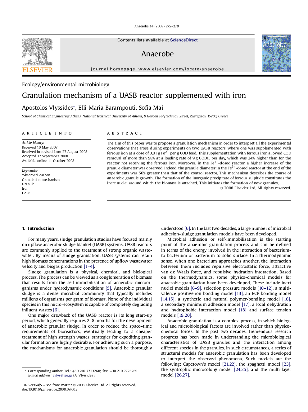 Granulation mechanism of a UASB reactor supplemented with iron