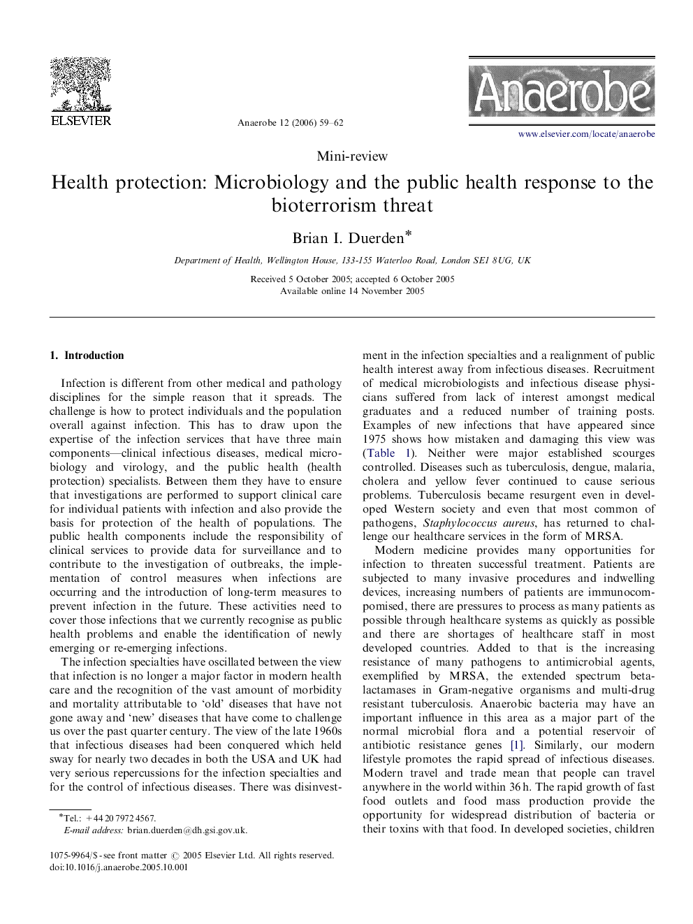 Health protection: Microbiology and the public health response to the bioterrorism threat