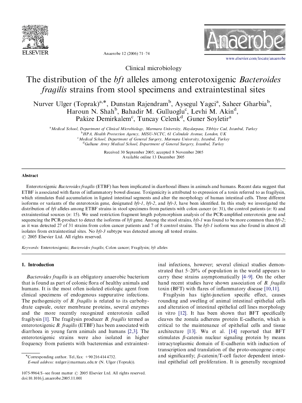 The distribution of the bft alleles among enterotoxigenic Bacteroides fragilis strains from stool specimens and extraintestinal sites