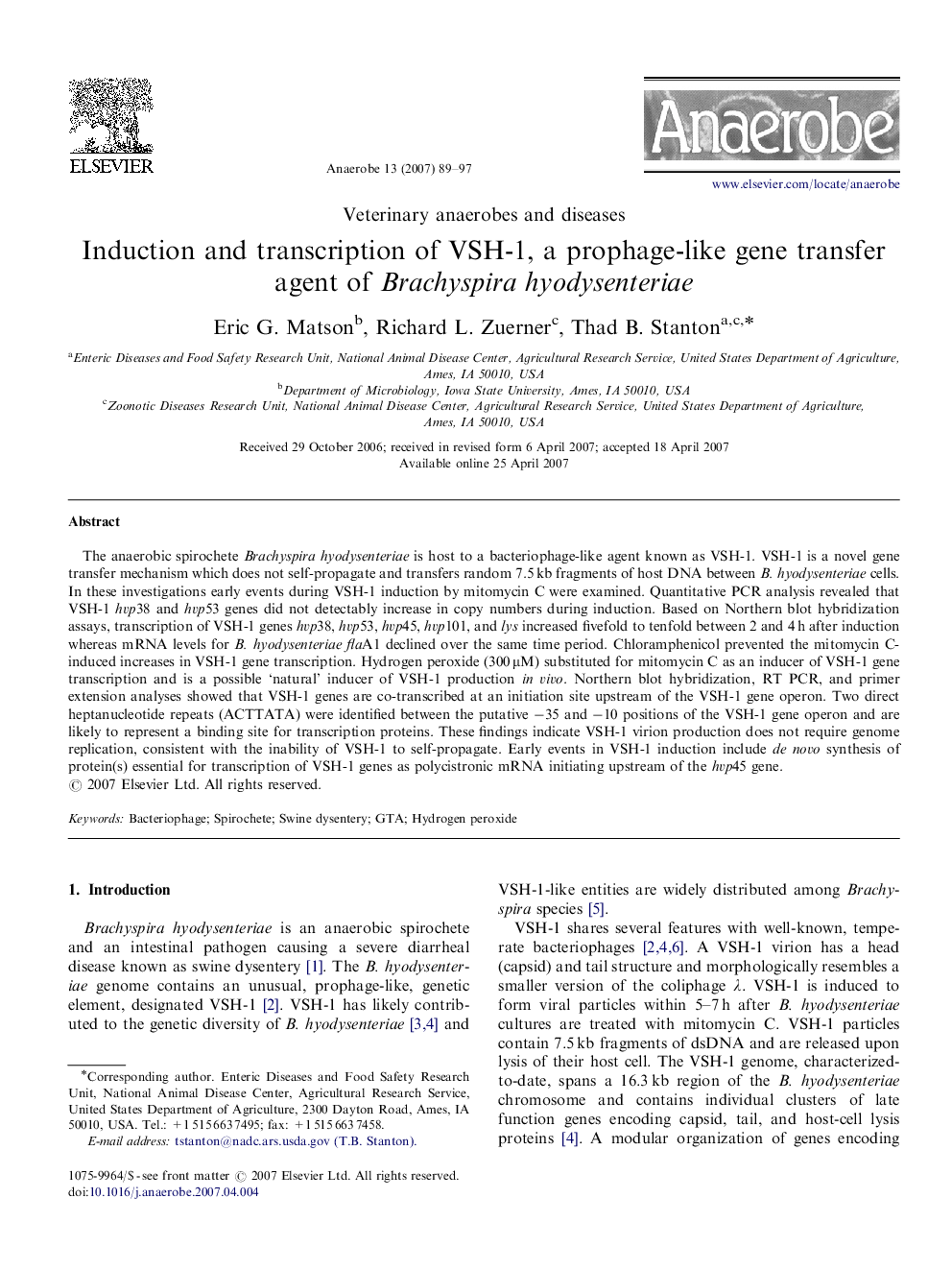 Induction and transcription of VSH-1, a prophage-like gene transfer agent of Brachyspira hyodysenteriae