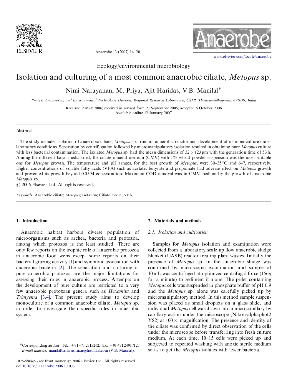 Isolation and culturing of a most common anaerobic ciliate, Metopus sp.