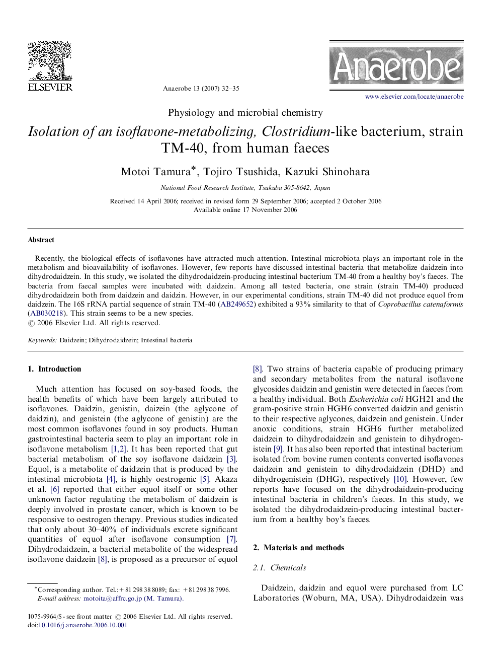 Isolation of an isoflavone-metabolizing, Clostridium-like bacterium, strain TM-40, from human faeces