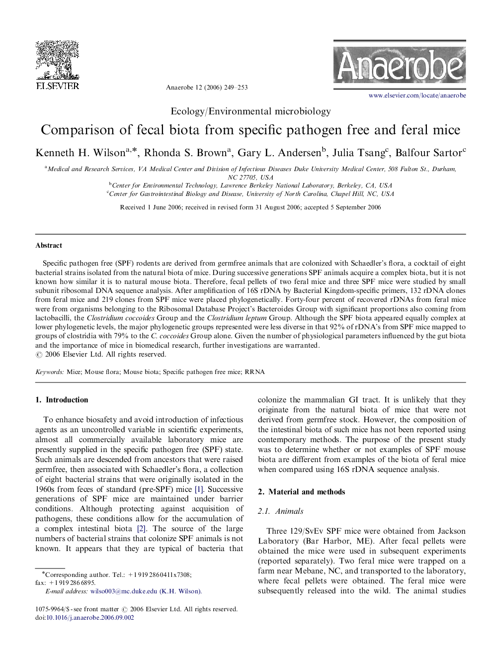 Comparison of fecal biota from specific pathogen free and feral mice