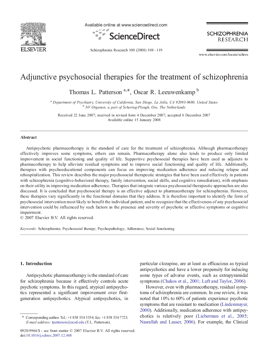 Adjunctive psychosocial therapies for the treatment of schizophrenia