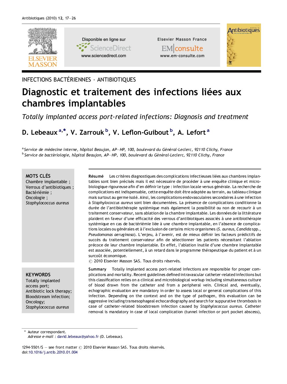 Diagnostic et traitement des infections liées aux chambres implantables