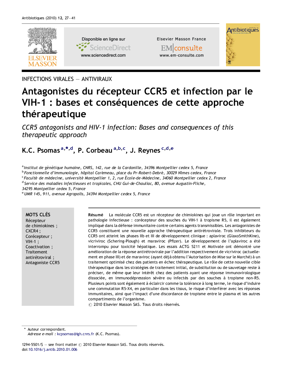 Antagonistes du récepteur CCR5Â et infection par le VIH-1Â : bases et conséquences de cette approche thérapeutique