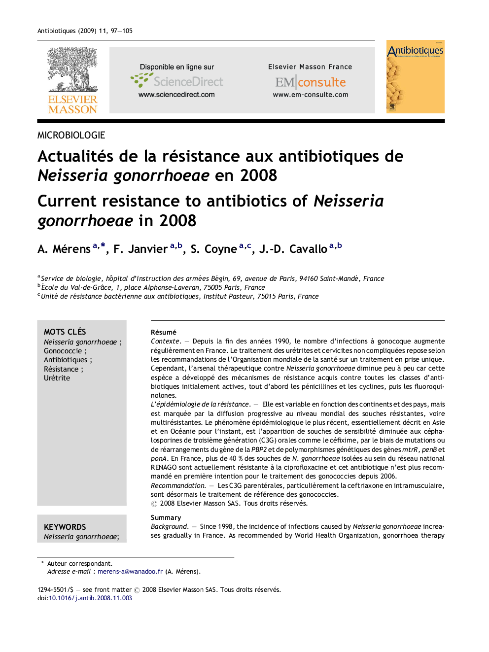 Actualités de la résistance aux antibiotiques de Neisseria gonorrhoeae en 2008