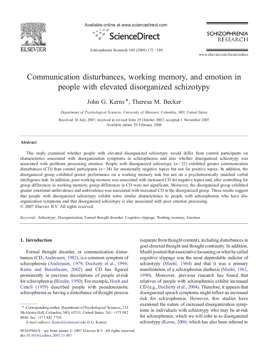 Communication disturbances, working memory, and emotion in people with elevated disorganized schizotypy