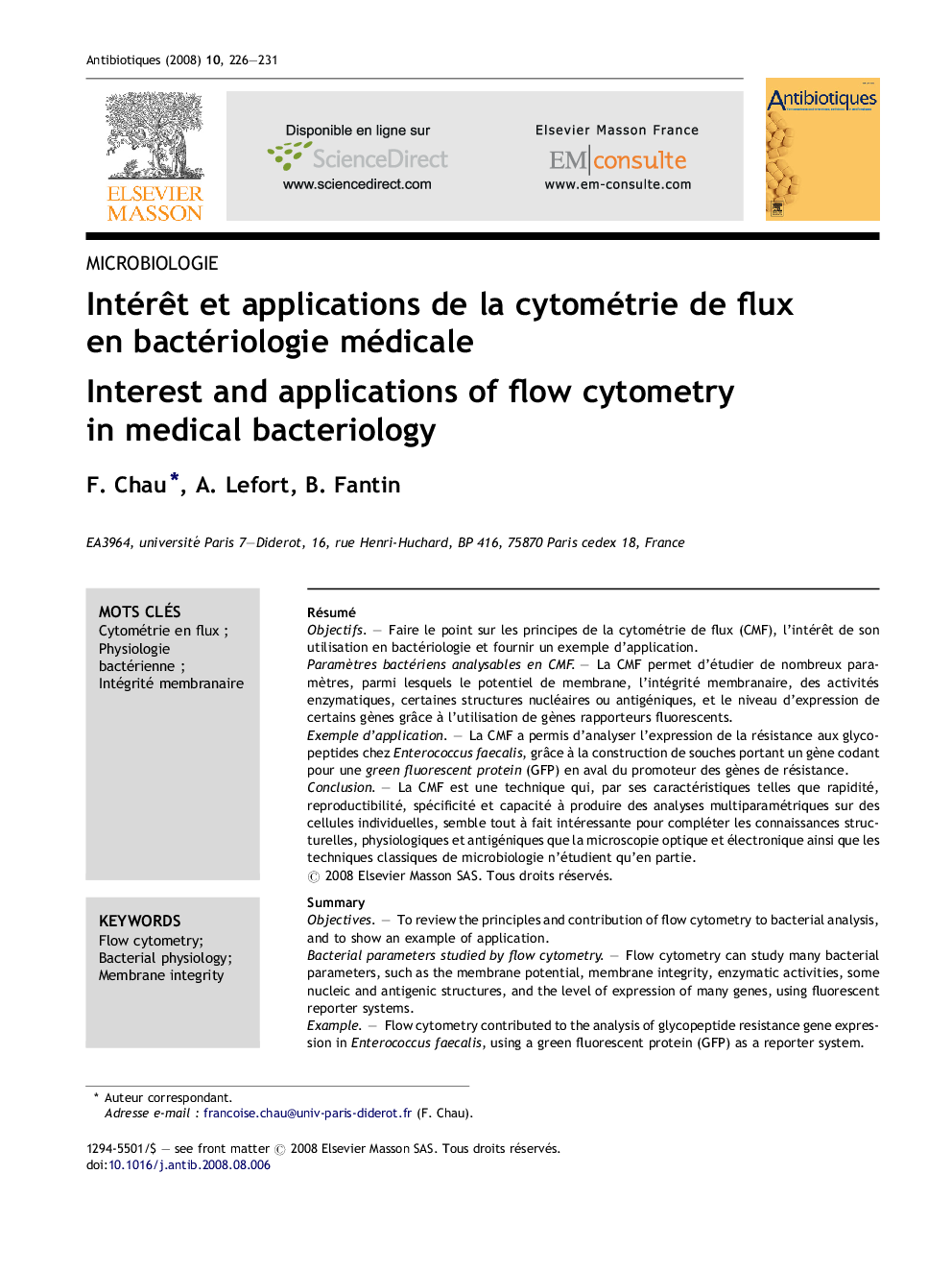 IntérÃªt et applications de la cytométrie de flux en bactériologie médicale