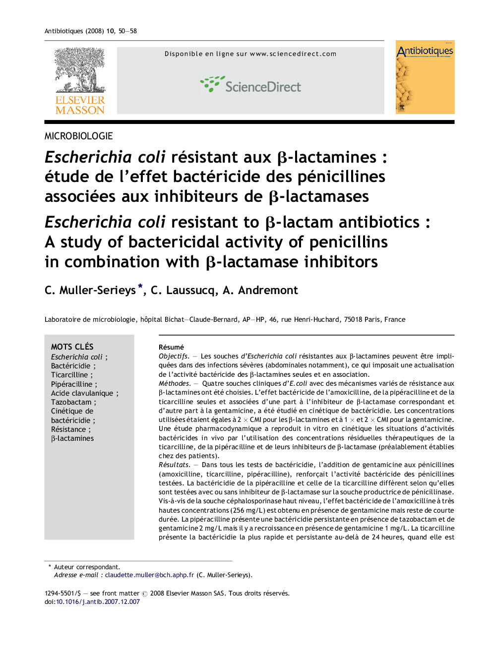 Escherichia coli résistant aux Î²-lactaminesÂ : étude de l'effet bactéricide des pénicillines associées aux inhibiteurs de Î²-lactamases