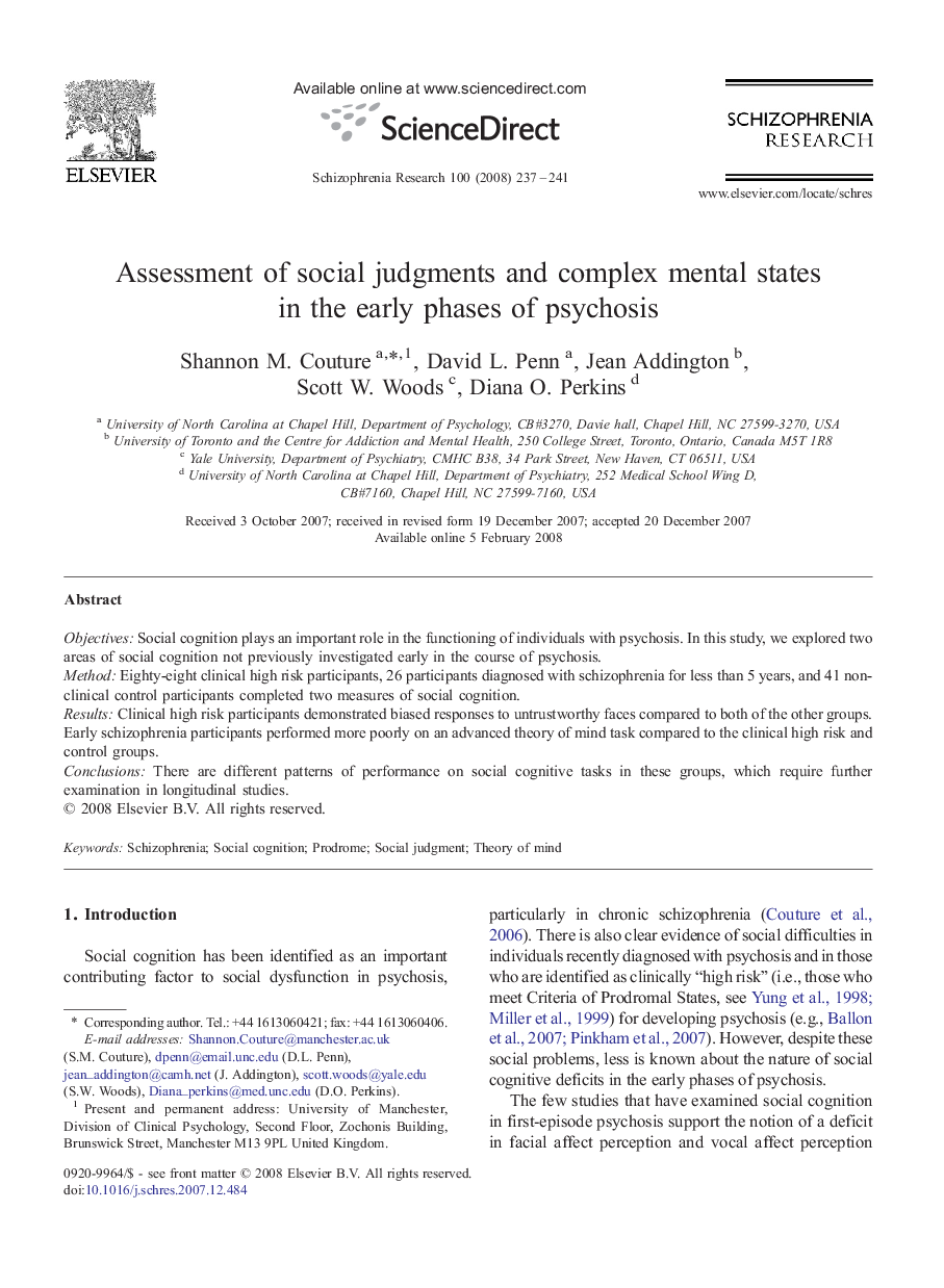 Assessment of social judgments and complex mental states in the early phases of psychosis