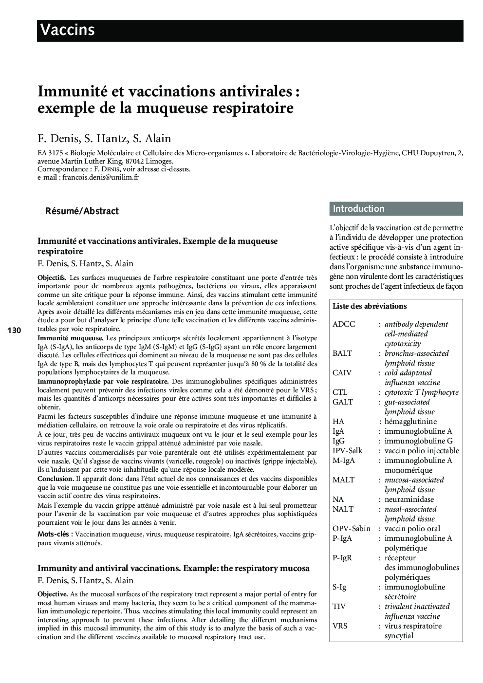 Immunité et vaccinations antivirales : exemple de la muqueuse respiratoire