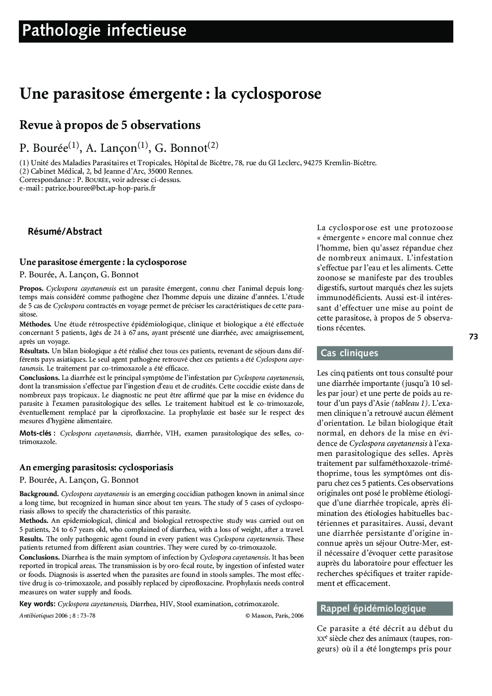 Une parasitose émergente : la cyclosporose