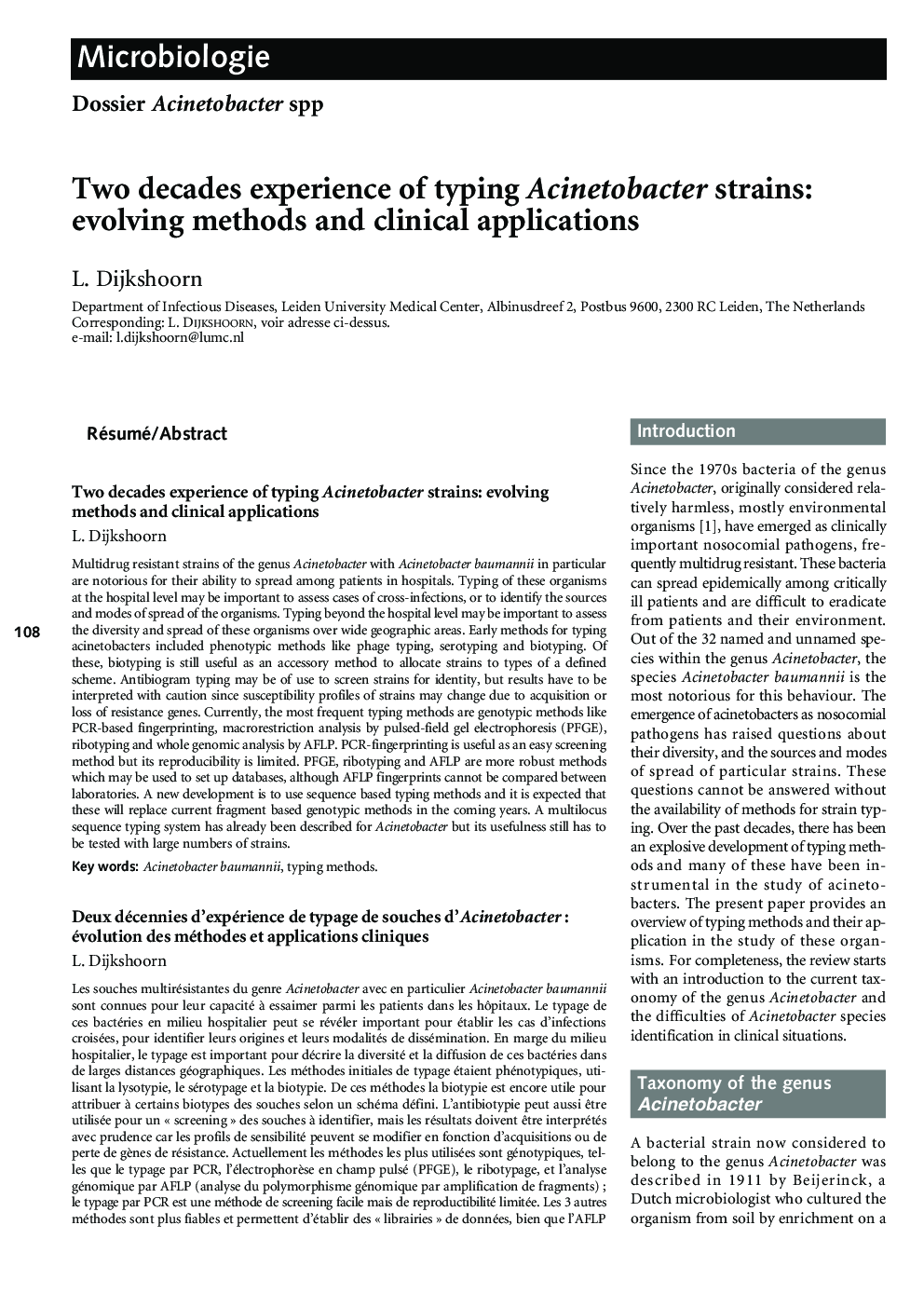 Two decades experience of typing Acinetobacter strains: evolving methods and clinical applications