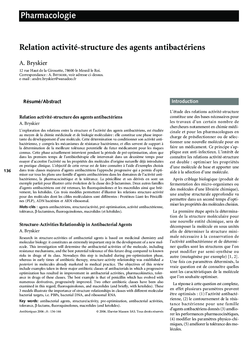 Relation activité-structure des agents antibactériens