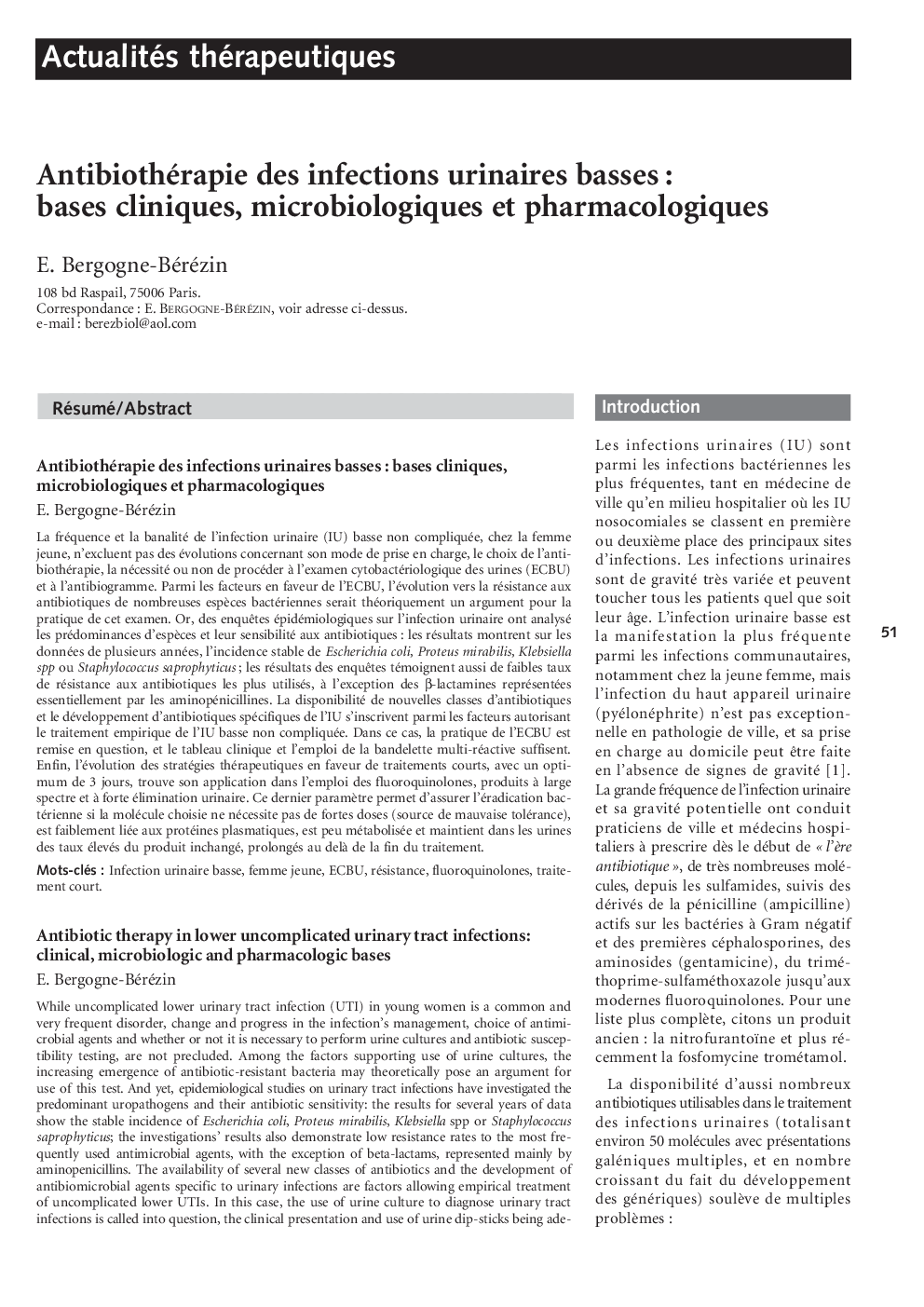 Antibiothérapie des infections urinaires basses: bases cliniques, microbiologiques et pharmacologiques